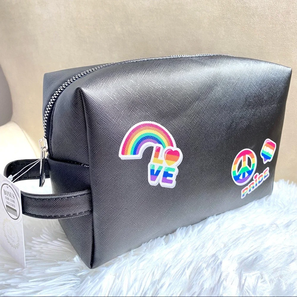 Large Vegan Black Cosmetic Travel Bag Rainbow Pride LGBTQIA+ Peace
